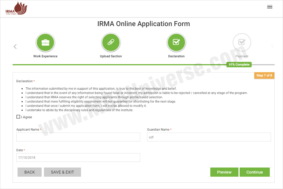 IRMA Admission Application Process Steps 8