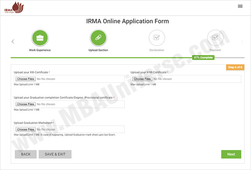 IRMA Admission Application Process Steps 7